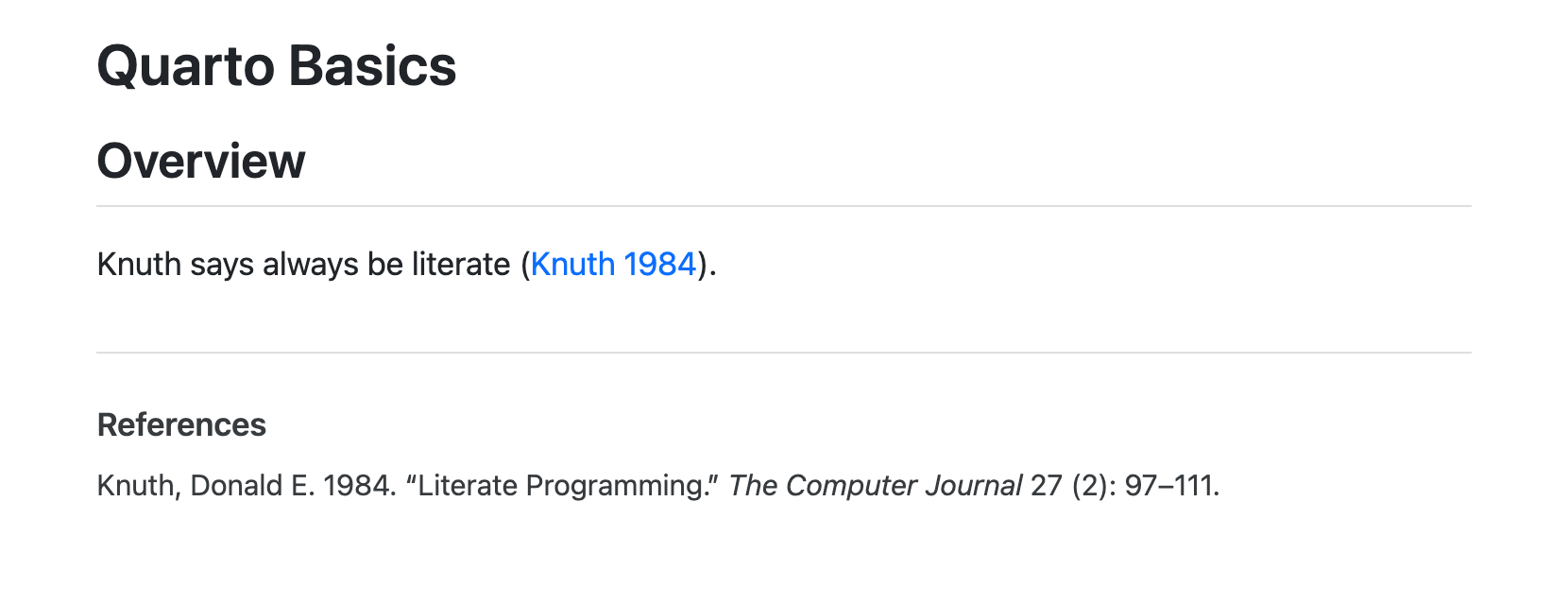 Rendered notebook with references section at the bottom the content of which reads 'Knuth, Donald E. 1984. Literate Programming. The Computer Journal 27 (2): 97-111.'